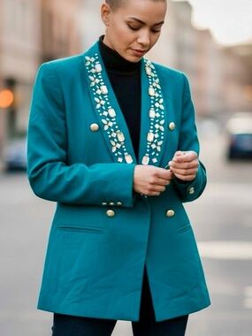 Midnight Velvet Teal Jeweled Double-Breasted Blazer - NWT Size 1X